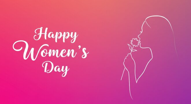 Design for Women's Day a white color silhouette of a woman holding a flower and there is elegant white cursive text that reads Happy Women's Day background is a gradient of pink and purple shades
