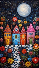 Charming houses under the moon: a fairy tale illustration with bright colors and decorative elements