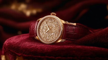 Intricate Luxury Watch Design on Velvet Surface with Rich Textures