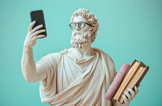 Naklejki Ancient statue holds smartphone, book. Statue takes selfie. Modern tech meets ancient art. Contrast between old, new. Knowledge, wisdom. Digital art. Studio shot. Light, shadow. Classic sculpture.