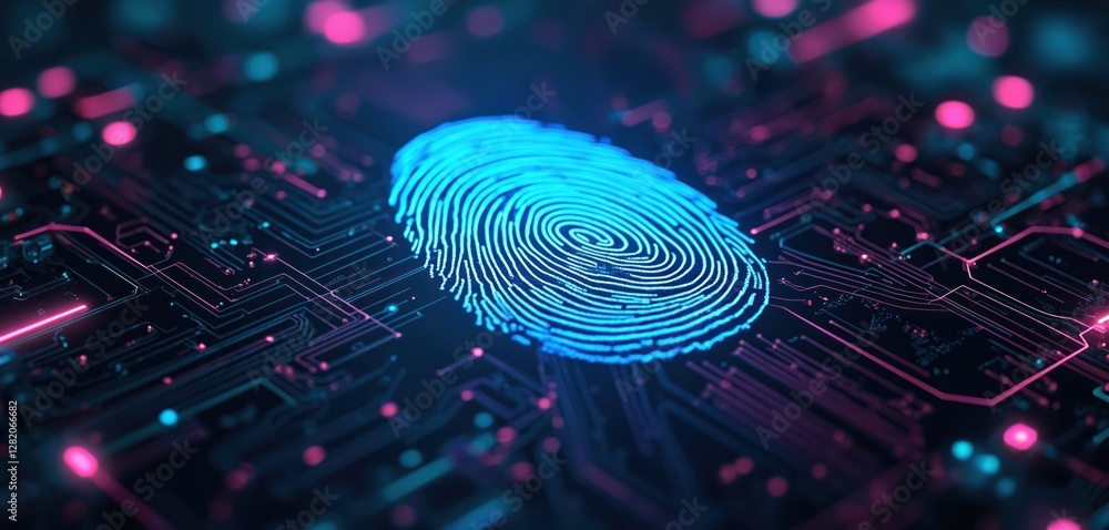 Poster digital fingerprint scan on circuit board. biometric identity verification, cyber data protection, a
