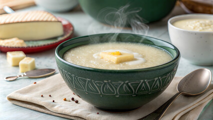 Steaming semolina porridge with butter and cheese, cozy breakfast concept for food blogs and menus