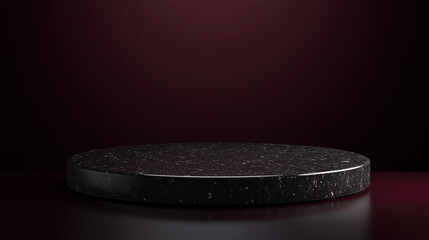 Elegant Black Granite Podium with a Polished Surface and Sharp Edges, Set Against a Gradient Burgundy and Black Background with Focused Spotlighting for a Bold and Luxurious Product Display