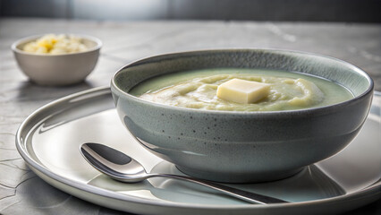 Creamy semolina porridge with butter in a ceramic bowl, minimalist breakfast concept for food blogs and menus