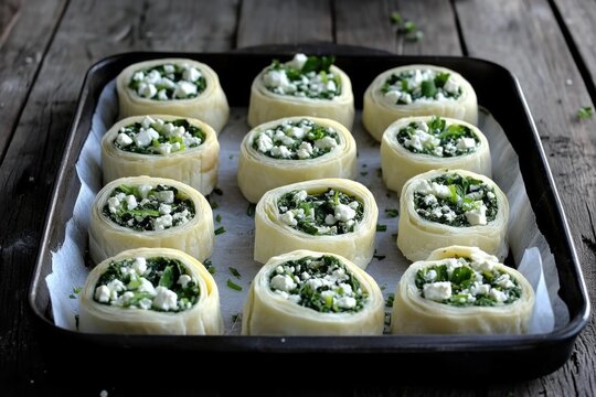 Spinach and feta puff pastry pinwheels on rustic baking tray