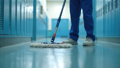 Fototapeta premium Janitor in blue uniform mops school hallway floor near lockers. Cleaning service worker ensures hygiene standards, routine, safety at work. Cleaner staff maintains clean, tidy school environment.