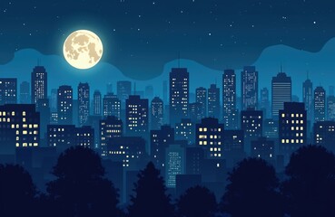 Flat design of night city with full moon and stars. Dark blue buildings with illuminated windows under moonlight. Concept for urban nightlife, modern town, municipal services and urban planning.