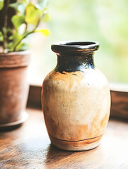 A Handmade Ceramic Vase Placed Near a Window with Natural Light