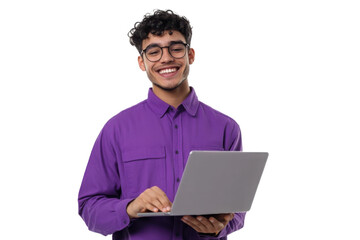 Young happy man standing with opened laptop, browsing online or typing message 
