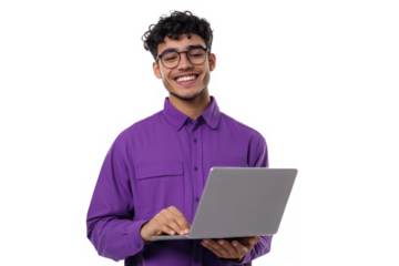 Young happy man standing with opened laptop, browsing online or typing message 
