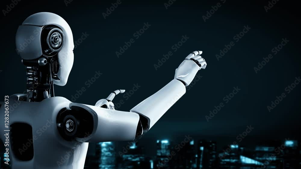 Poster internet connection controlled by ai robot huminoid and machine learning process to analyze data con