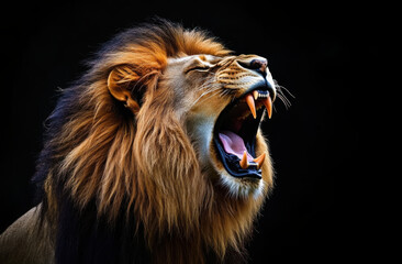 Majestic lion roars fiercely against dark background. Powerful predator with vibrant mane, open mouth sharp teeth. Close-up portrait highlights animal strength, power. Animal portrait studio shot. © Arthur Woods