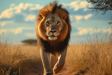 awe-inspiring majesty of a lion gracefully traversing vast expanse of African savanna, its powerful gait resonating with golden hues of surrounding grasses, while its regal presence asserts its domina