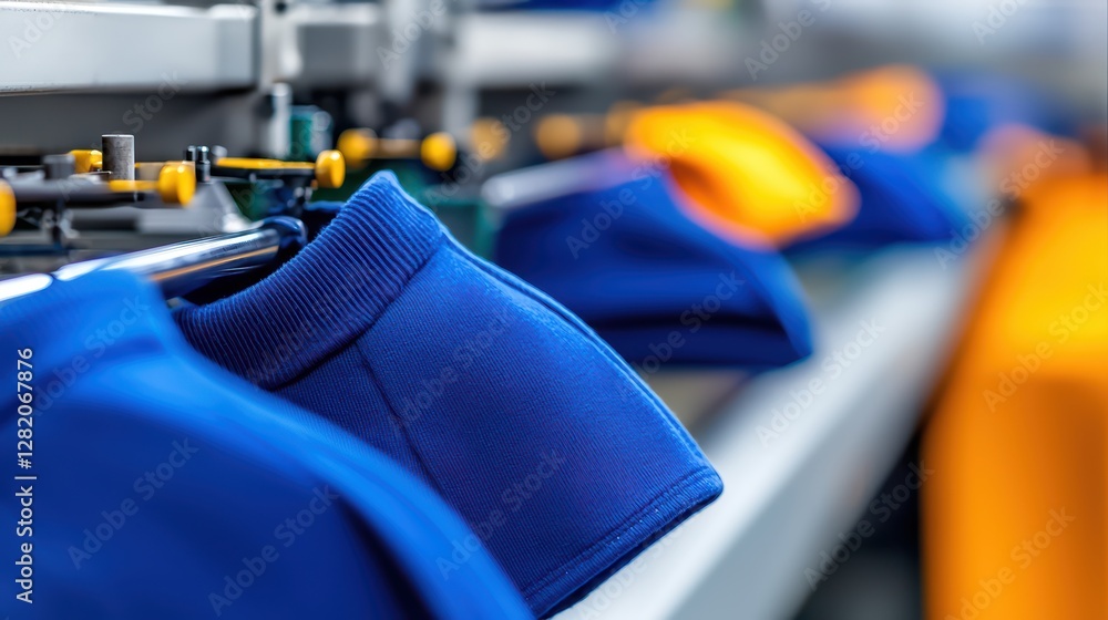 Poster chaos in the textile factory with rows of colorful machines