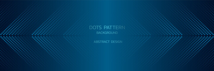 Abstract patterned dots line up like arrows out from the center on a glowing dark blue background. Line design with glitter circles Sense of futuristic technology, horizontal cover, various signs.