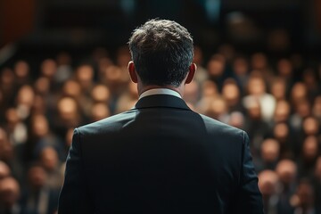 Speaker in a Dark Suit Facing a Large Audience, Rear Perspective – Isolated on White or Transparent Background