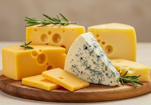 Close-up of various cheeses on a wooden board, including cheddar, blue cheese, and gouda, garnished with fresh rosemary sprigs, set against a warm beige background.

