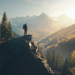 A lone hiker standing on a mountain peak, overlooking a vast forest landscape. The sky is clear with warm sunlight, and the hiker is wearing a backpack and hiking boots.