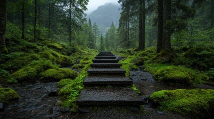 Forest Steps Path Leading Up Mountain in Rainy Weather