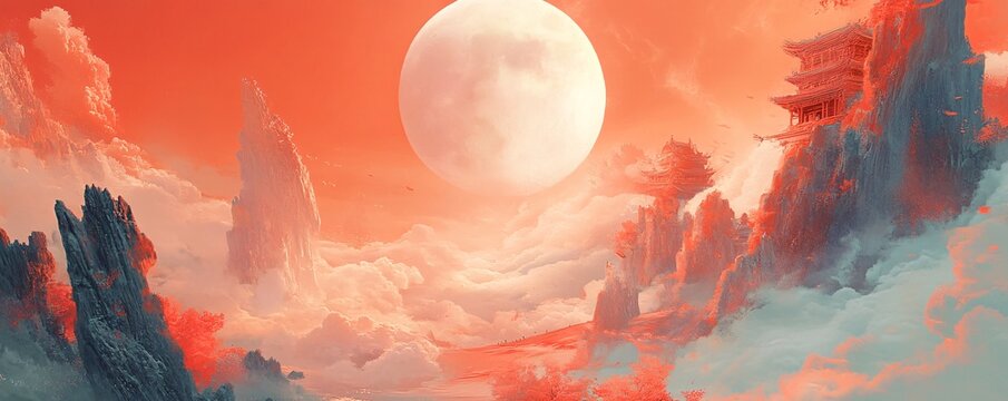 Giant moon hanging over surreal landscape with traditional asian architecture on cliffs - Powered by Adobe