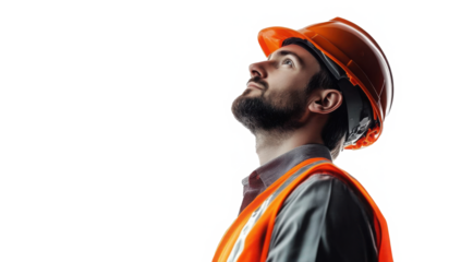 Portrait of a construction worker wearing helmet and looking up, isolated on transparent background 
