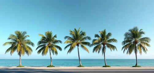 Obraz premium Line of palm trees alongside the road under bright blue sky and turquoise sea water. Coastal scenery offers a serene view of tropical island. Summer vacation background with coconut trees and highway.