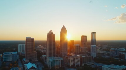 Fototapeta premium Skyscrapers Lined Up in Financial District During Golden Hour Sunset
