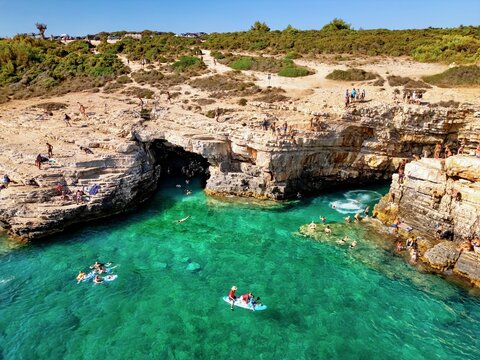 Drone view of Cape Kamenjak, Croatia. Natural park in Istria Peninsula. Beautiful nature seascape. Summer travel in Croatia 