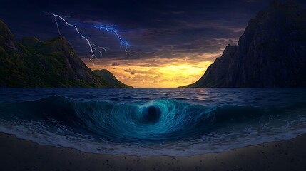 Dramatic sunset over a turbulent ocean wave with mountains and lightning in the background