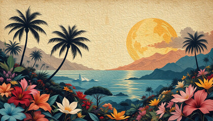 Palm tree .   Oil painting. Pattern for printing on wall decorations, fabrics, for use in graphics.