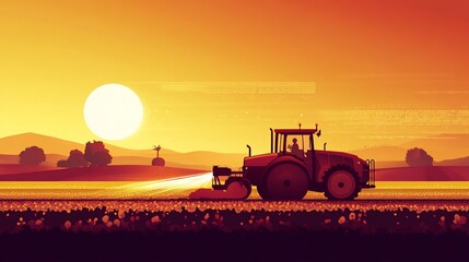Fototapeta premium Tractor plowing field sunset agriculture landscape farming