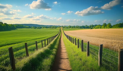 Naklejka premium Two fields separated by fence. One field green, thriving. Field parched, dull golden. Pathway runs through middle of fields. Vivid contrast illustrates grass always greener on side concept. Peaceful