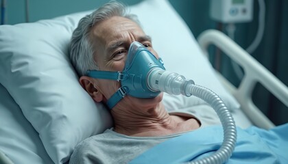 Critically ill senior patient uses oxygen mask, breathing machine in hospital bed. Male under treatment, care, recovery from disease in ICU, pneumonia emergency. Respiratory support. Medicative
