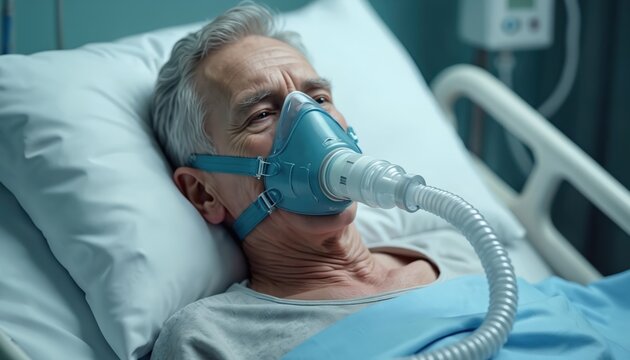 Critically ill senior patient uses oxygen mask, breathing machine in hospital bed. Male under treatment, care, recovery from disease in ICU, pneumonia emergency. Respiratory support. Medicative