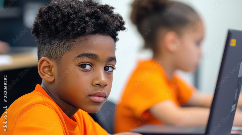Poster focused students using laptops in a modern computer lab environment