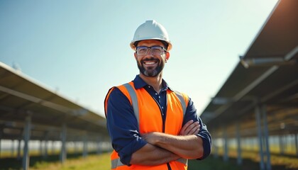 Smiling engineer in helmet, reflective vest standing arms crossed near solar panels farm. Repairman inspecting photovoltaic cells. Sunlight. Technician at renewable power plant. Green energy industry