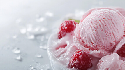 Berry Bliss: A tantalizing close-up of scoops of pink ice cream, adorned with vibrant raspberries, offering a refreshing escape.