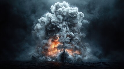 Burning ship engulfed in smoke at sea, dark stormy background; game concept art