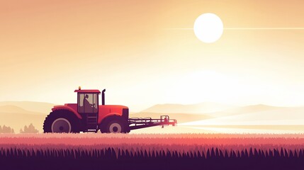 Fototapeta premium Tractor spraying field sunset agriculture landscape (1)