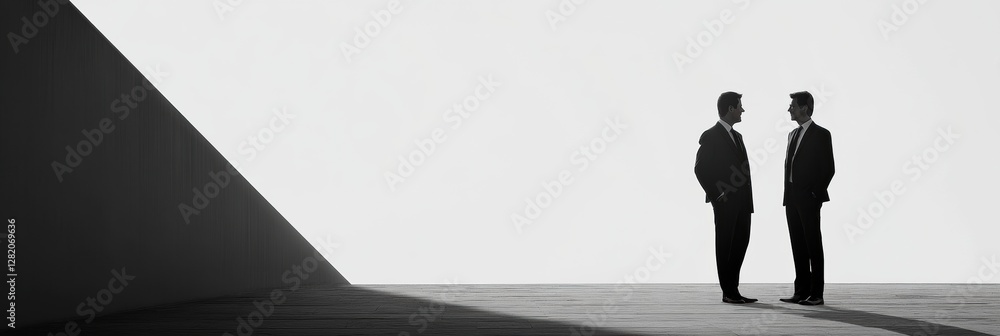 Fototapete Silhouettes of two executives engaging in discussion in a minimalistic environment with strong lighting contrasts. Generative AI