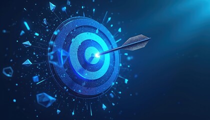 Dynamic blue arrow hits target bullseye illustration precision, achievement concept for business success. Symbol of innovation, teamwork, strategy. Goal solution with technology, investment,