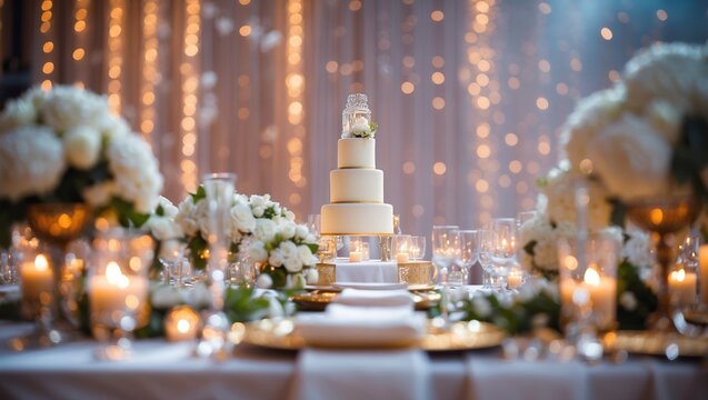 Elegant wedding reception featuring a beautifully decorated cake centerpiece surrounded by floral arrangements and soft ambient lighting