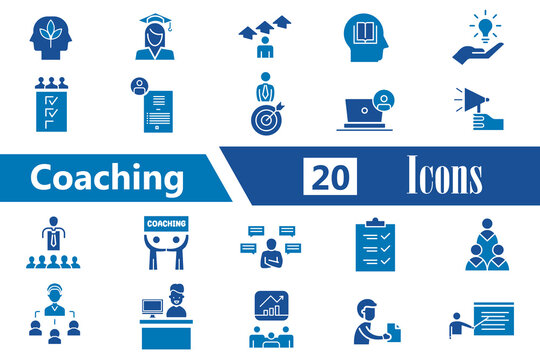 Coaching flat icon set. Icons containing training, coaching, mentoring, education, meeting, conference, teamwork. Icon collection. Editable stroke. Vector illustration