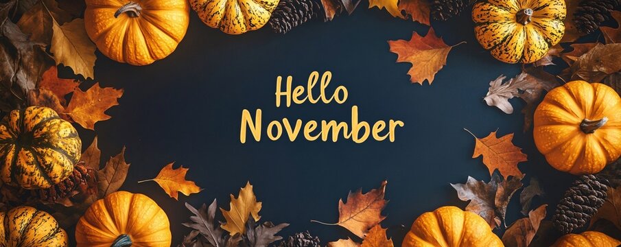 Hello november greeting card with pumpkins and autumn leaves on dark background