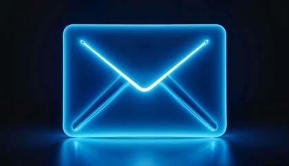 Fototapeta premium Neon blue envelope glowing against a dark background