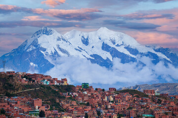 Panoramic view of the city of La Paz with the iconic Illimani mountain in the background, Bolivia
