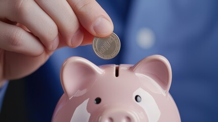 Young Person Inserting Coin into Piggy Bank for Financial Savings