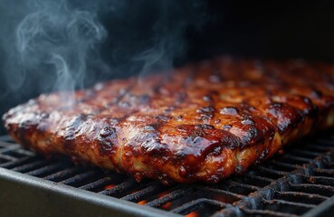Close-up shot of slow cooked juicy beef brisket, smoked on grill grates. Tasty pork meat with delicious crust for barbecue. Sizzling heat and savory smoke aroma for catering.