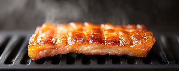 Thick Cut Bacon Strip Sizzling on Grill with Steam Rising