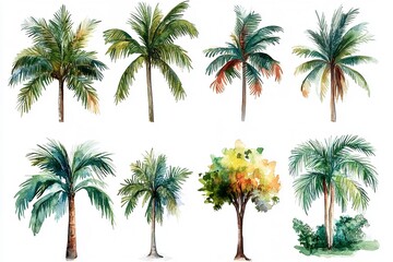 Watercolor Collection Featuring Palm Trees, Leafy Foliage, and Floral Elements
